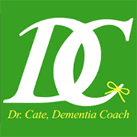Logo for IQ Dr. Cate, Dementia Coach with green background and white text.